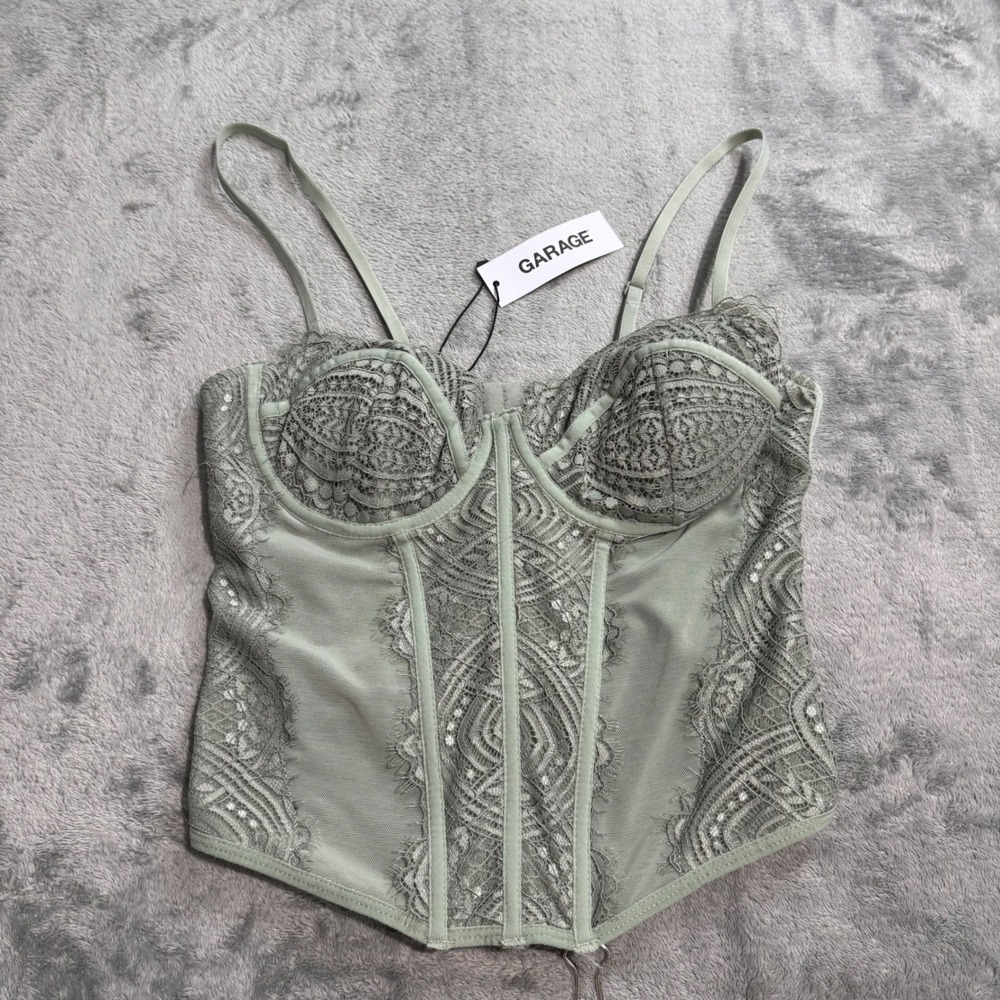 NEW Garage Chrishell Lace Mesh Bustier Shadow Green Corset Top P/S Fairy Cottage